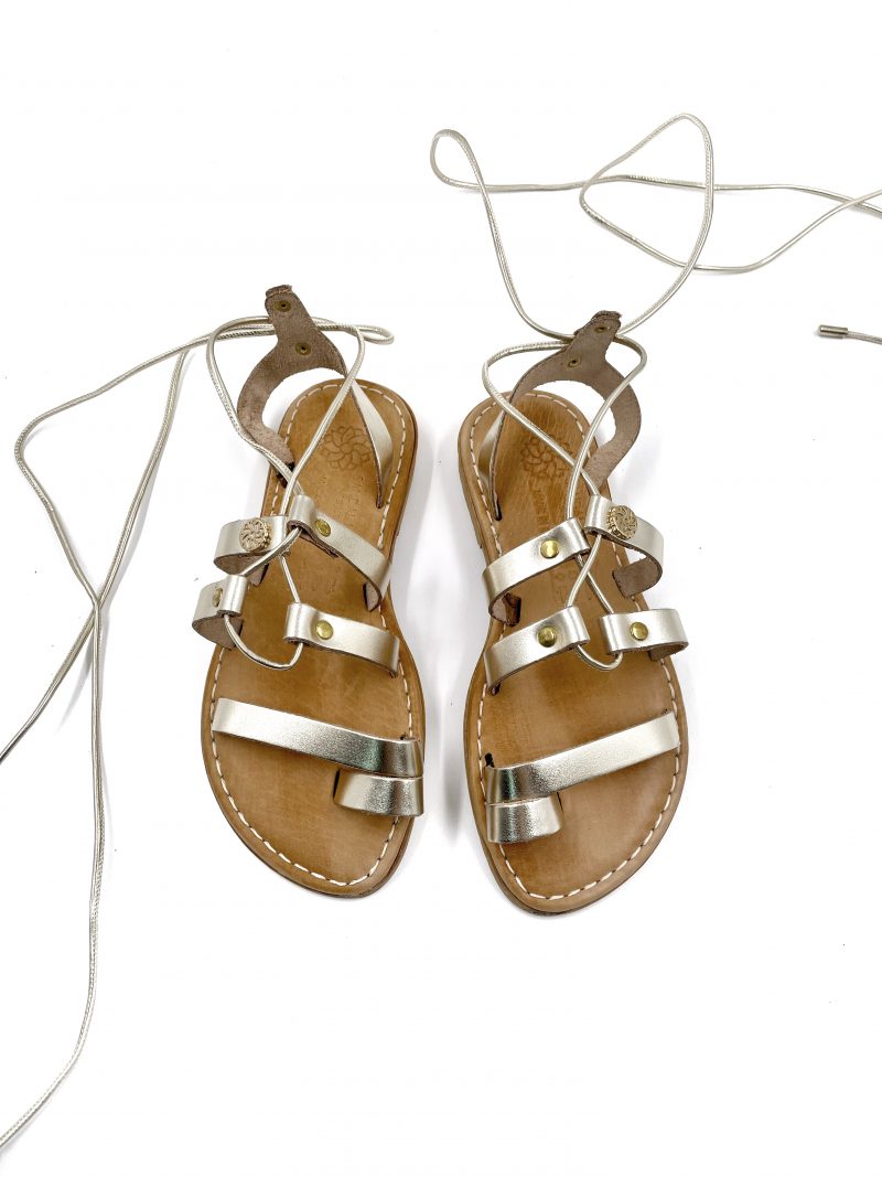 flat leather lace up sandals gold