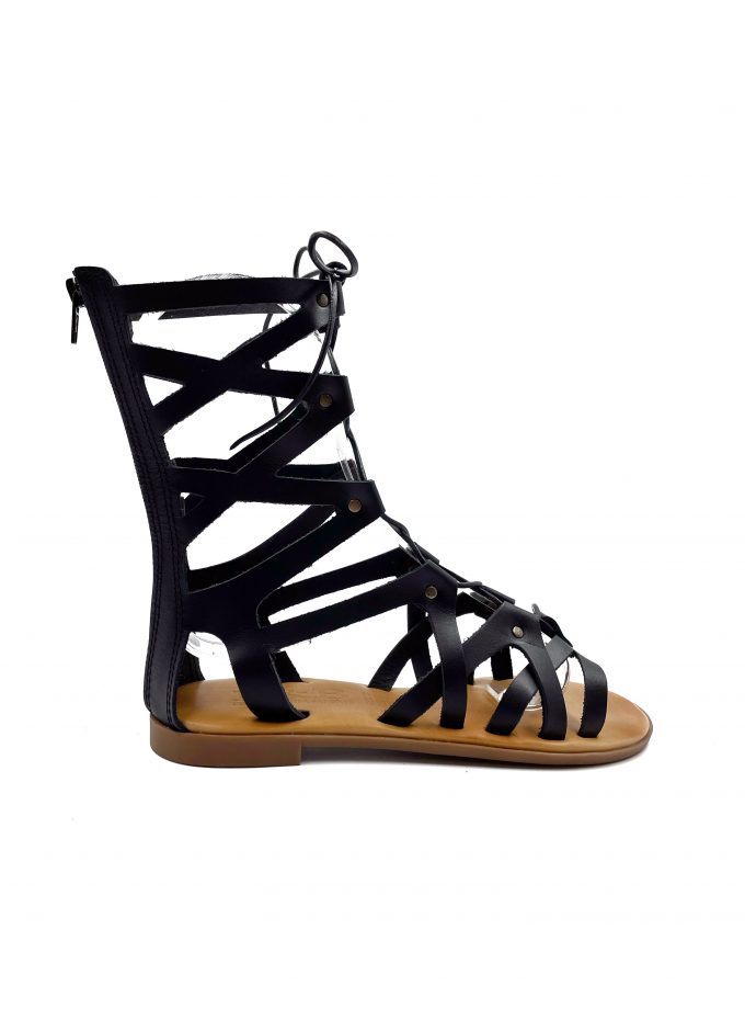 Ariadni Lace Up Gladiator Black Leather Sandals