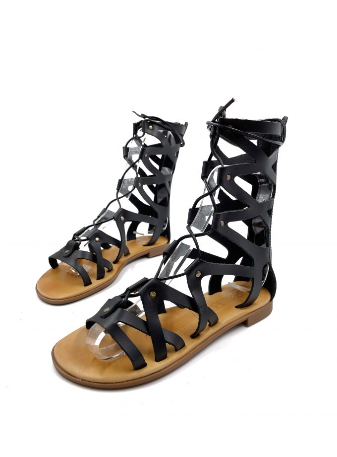 Ariadni Lace Up Gladiator Black Leather Sandals