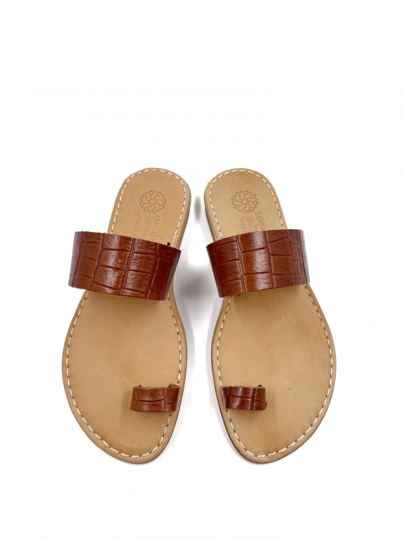 slip on brown croc leather sandals