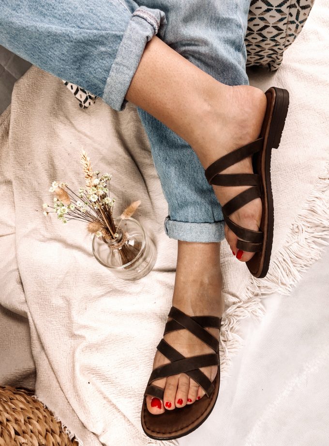 Chios Flat Round Toe Brown Leather Sandals