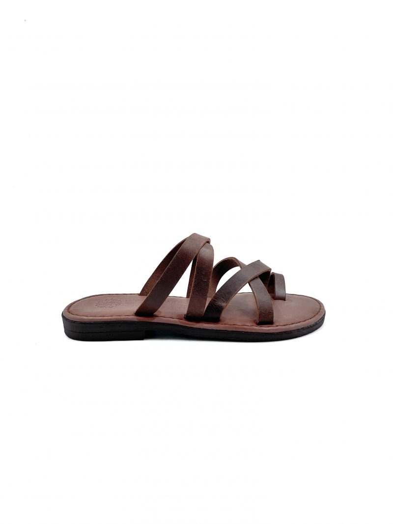 flat round toe leather sandals brown
