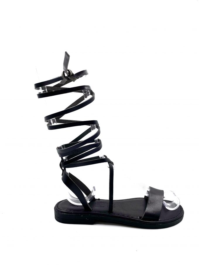 Thasos Lace Up Open Toe Black Leather Sandals