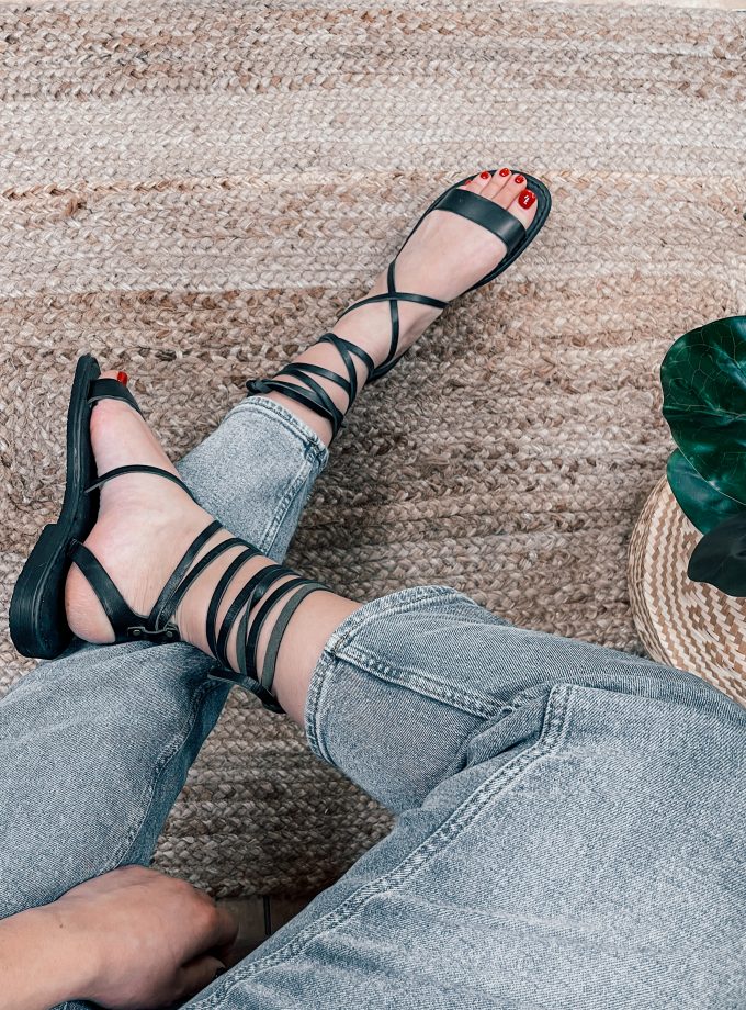 Thasos Lace Up Open Toe Black Leather Sandals