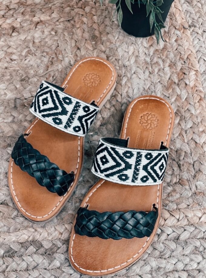 Boho Flat Slip On Black Leather Sandals