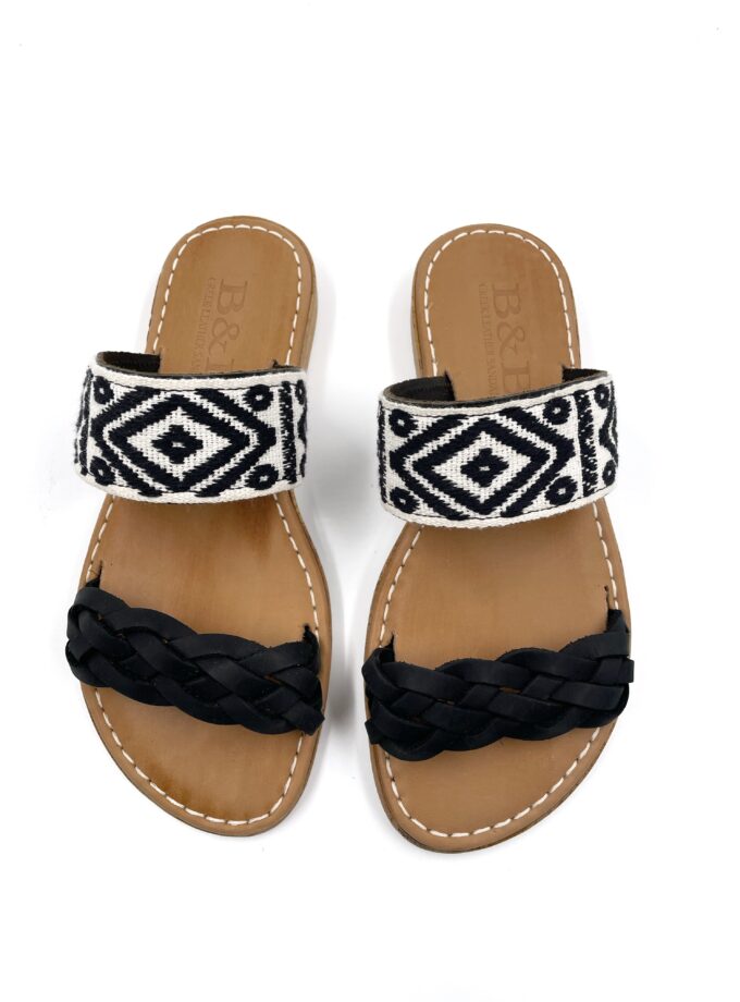 Boho Flat Slip On Black Leather Sandals