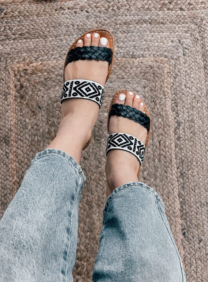 Boho Flat Slip On Black Leather Sandals