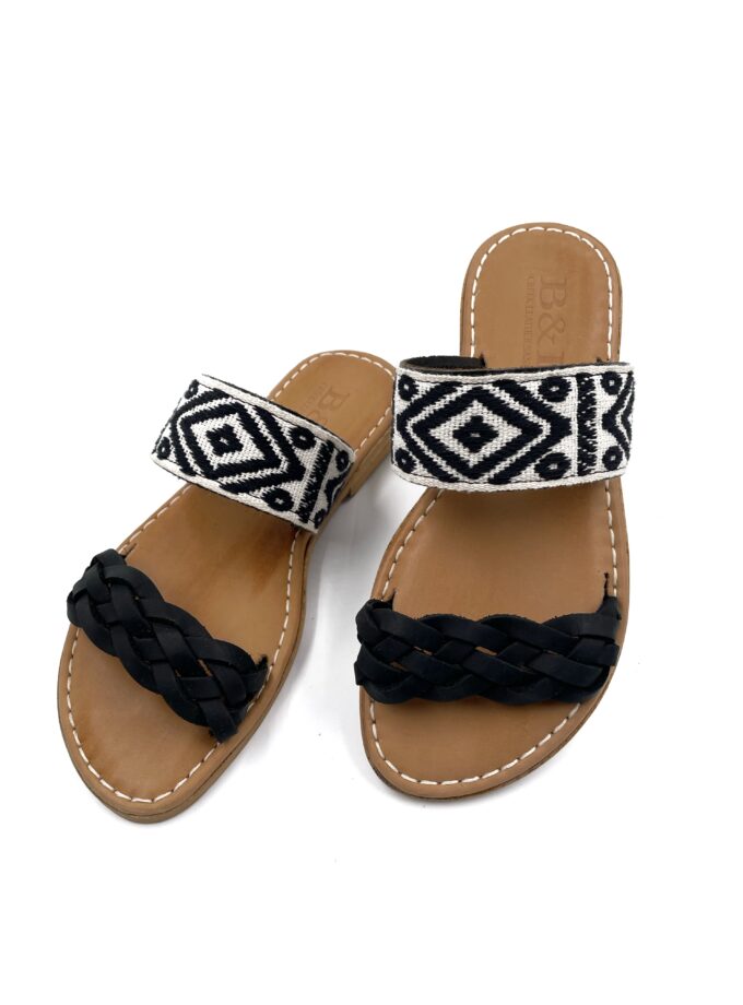 Boho Flat Slip On Black Leather Sandals