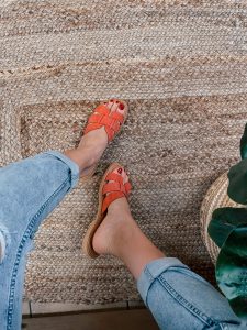 flat slip on leather sandals coral
