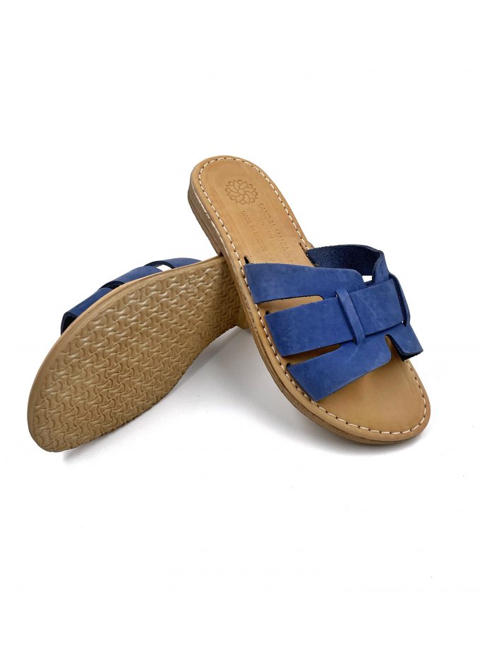 flat slip on leather sandals blue