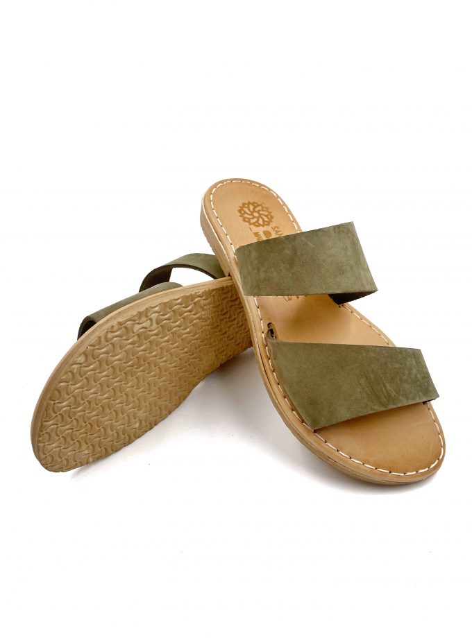 slip on khaki leather sandals