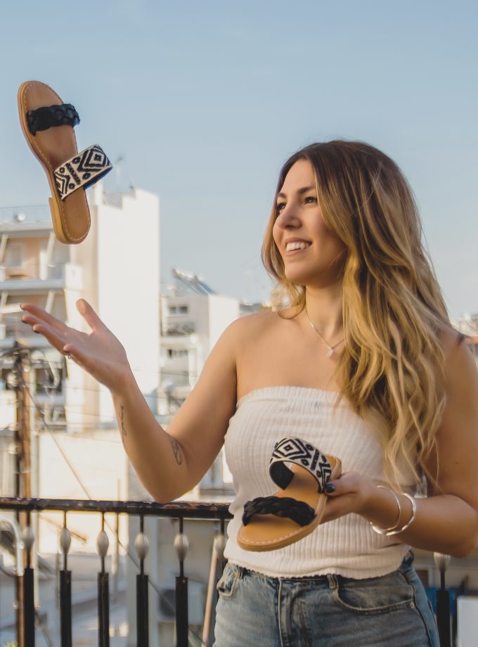 Boho Flat Slip On Black Leather Sandals