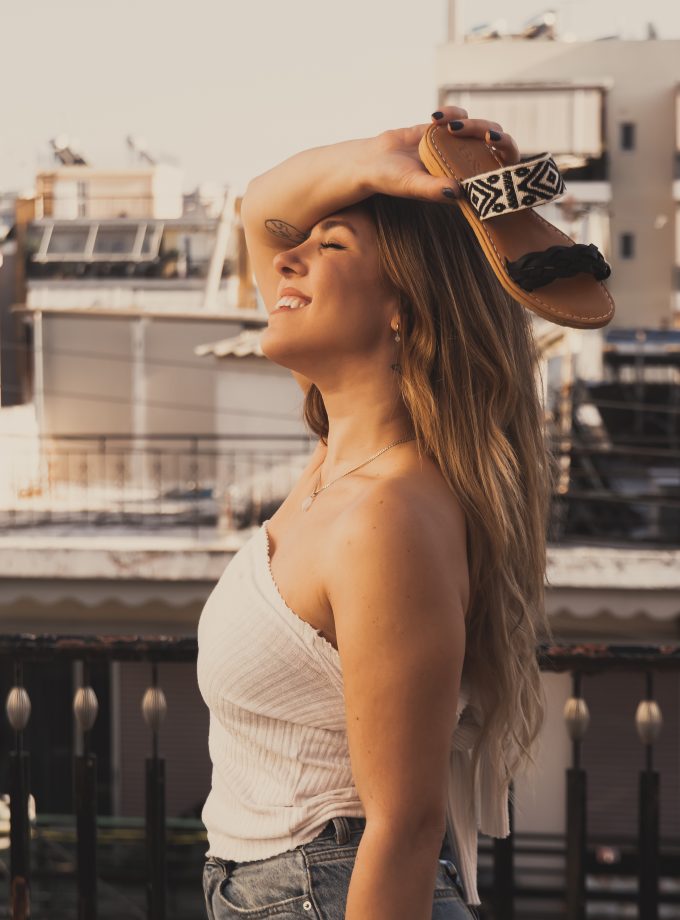 Boho Flat Slip On Black Leather Sandals