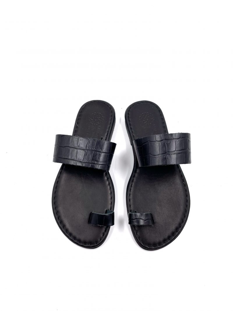 slip on black croc leather sandals