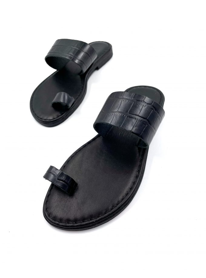 Klelia Slip On Black Croc Leather Sandals