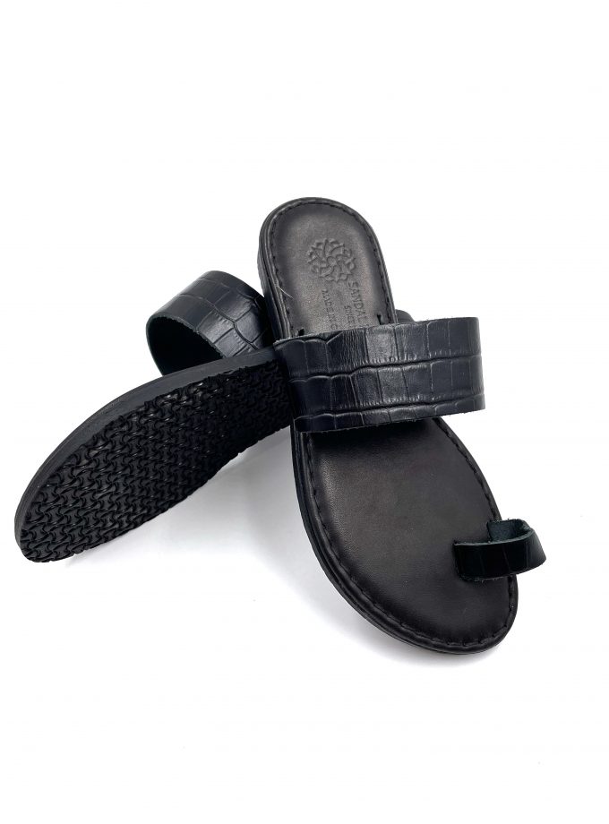 slip on black croc leather sandals