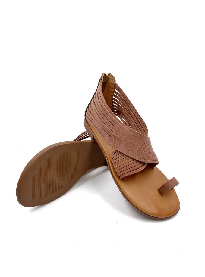round toe modern light brown leather sandals