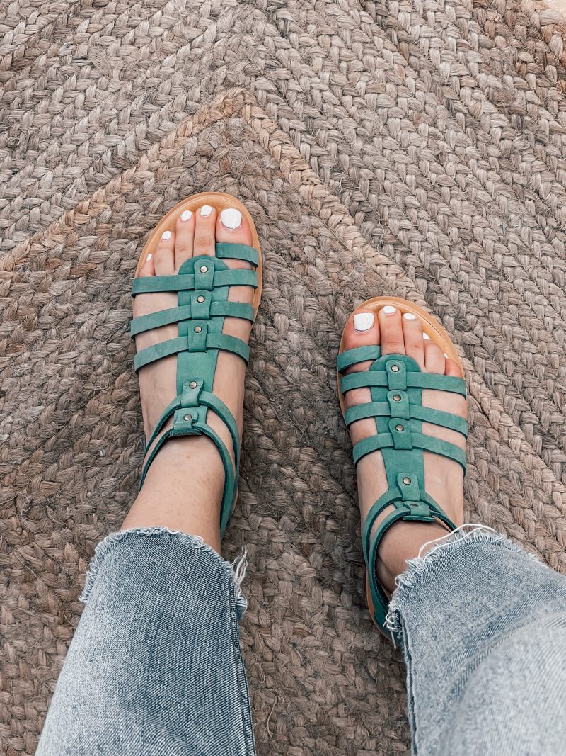 gladiator green leather sandals