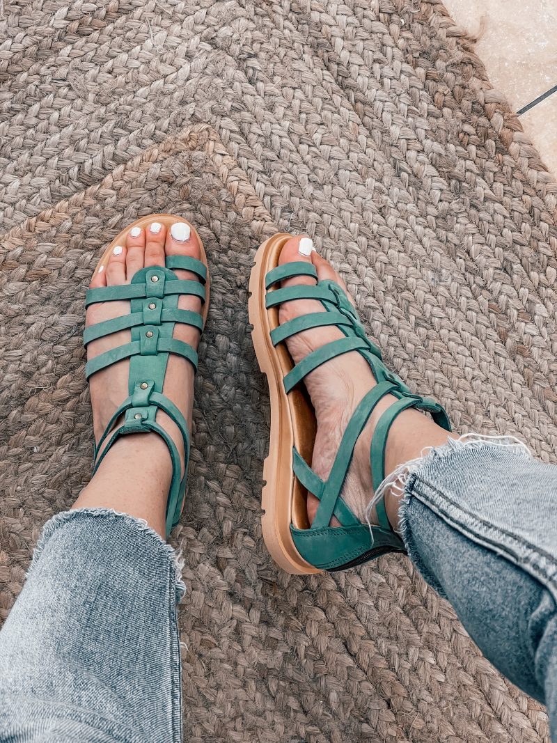 gladiator green leather sandals
