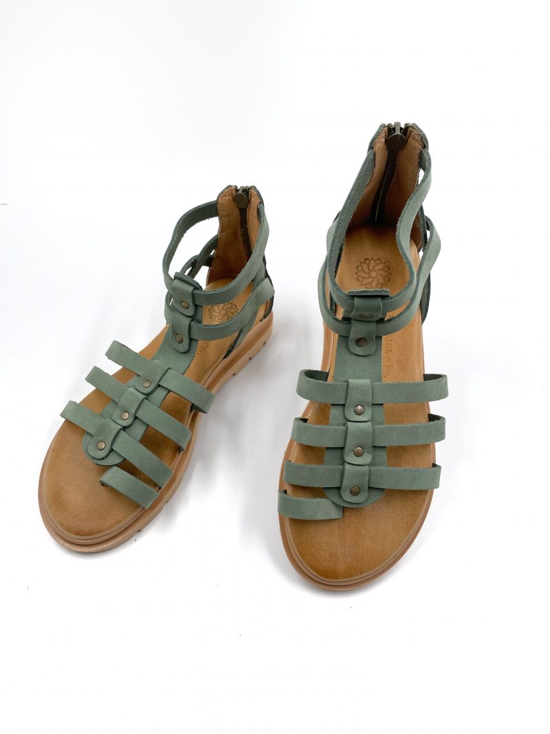 gladiator green leather sandals