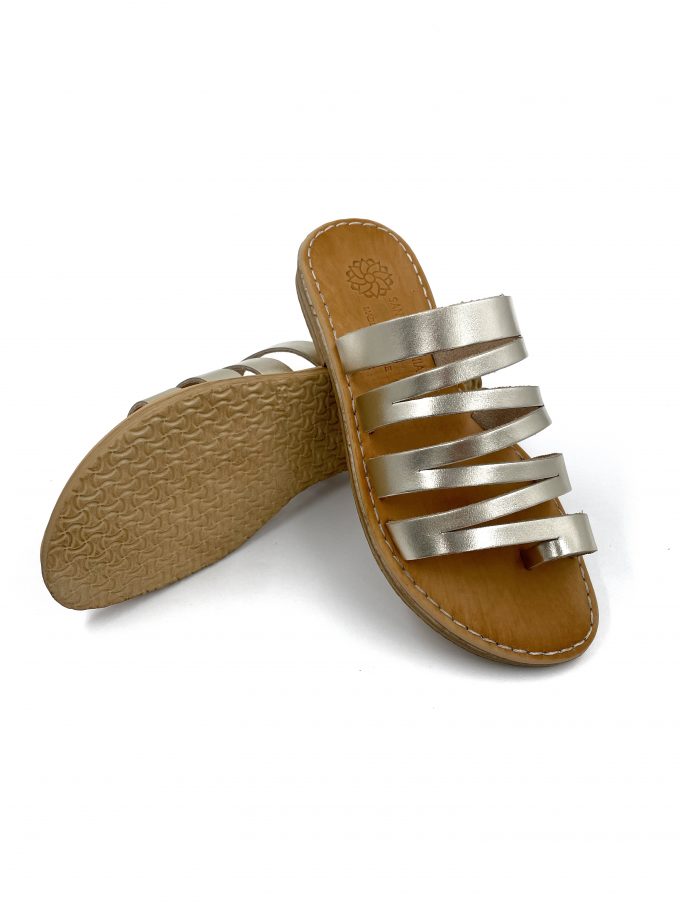 gold slip on round toe leather sandals